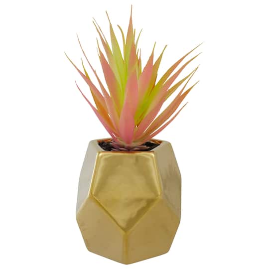 8" Green & Pink Sword Grass in Gold Geometric Pot By Northlight | Michaels®